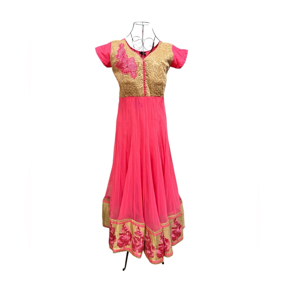 LaPink Coral Pink & Gold Embroidered Anarkali Party Petticoat Dress Large